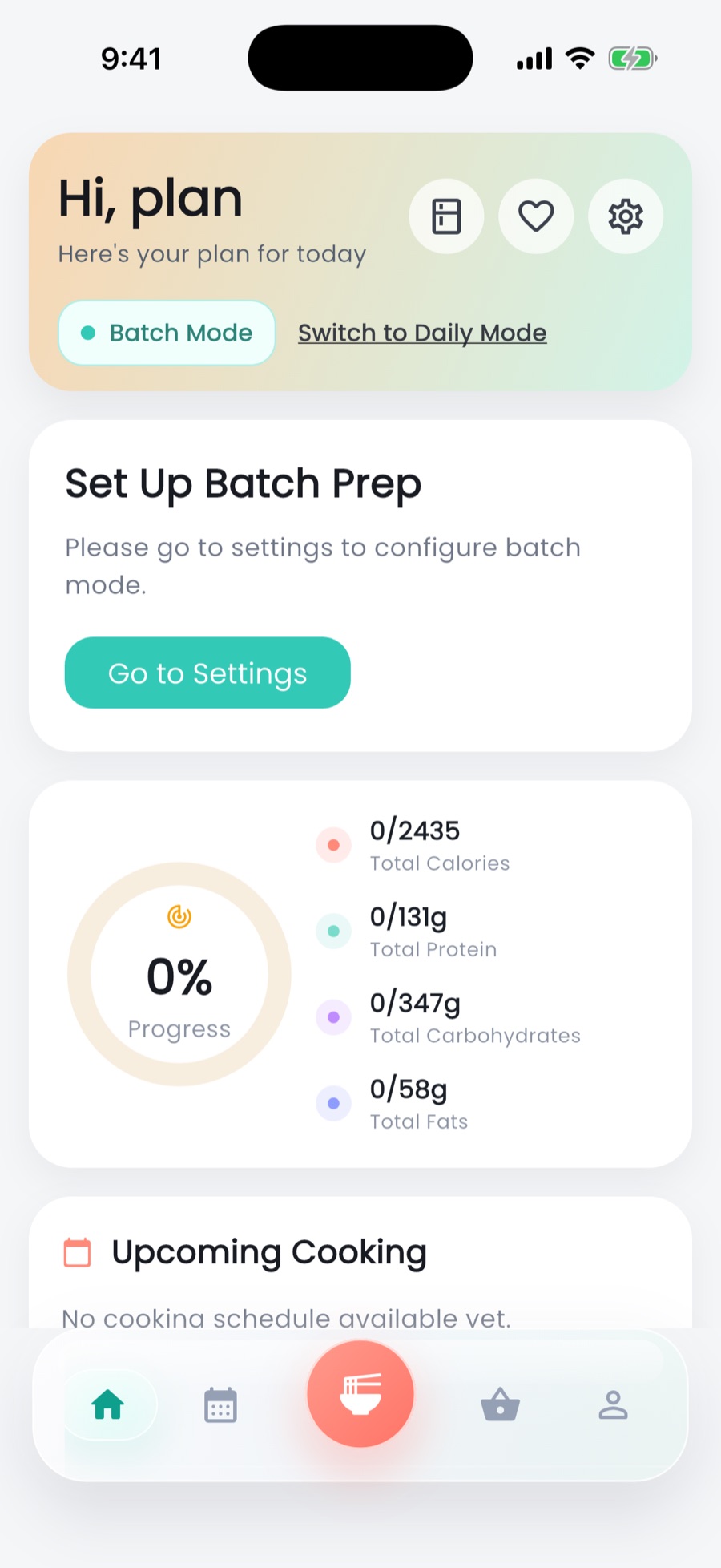 Plan it Prep batch mode dashboard with batch prep state and nutrition progress