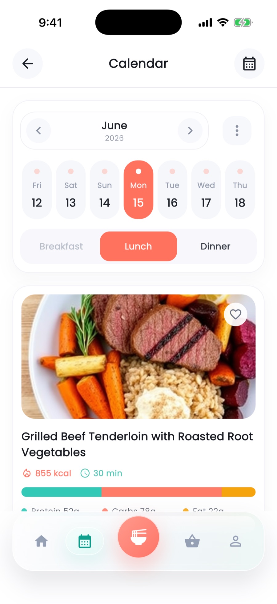 Plan it Prep calendar screen showing weekly meal planning and a selected meal